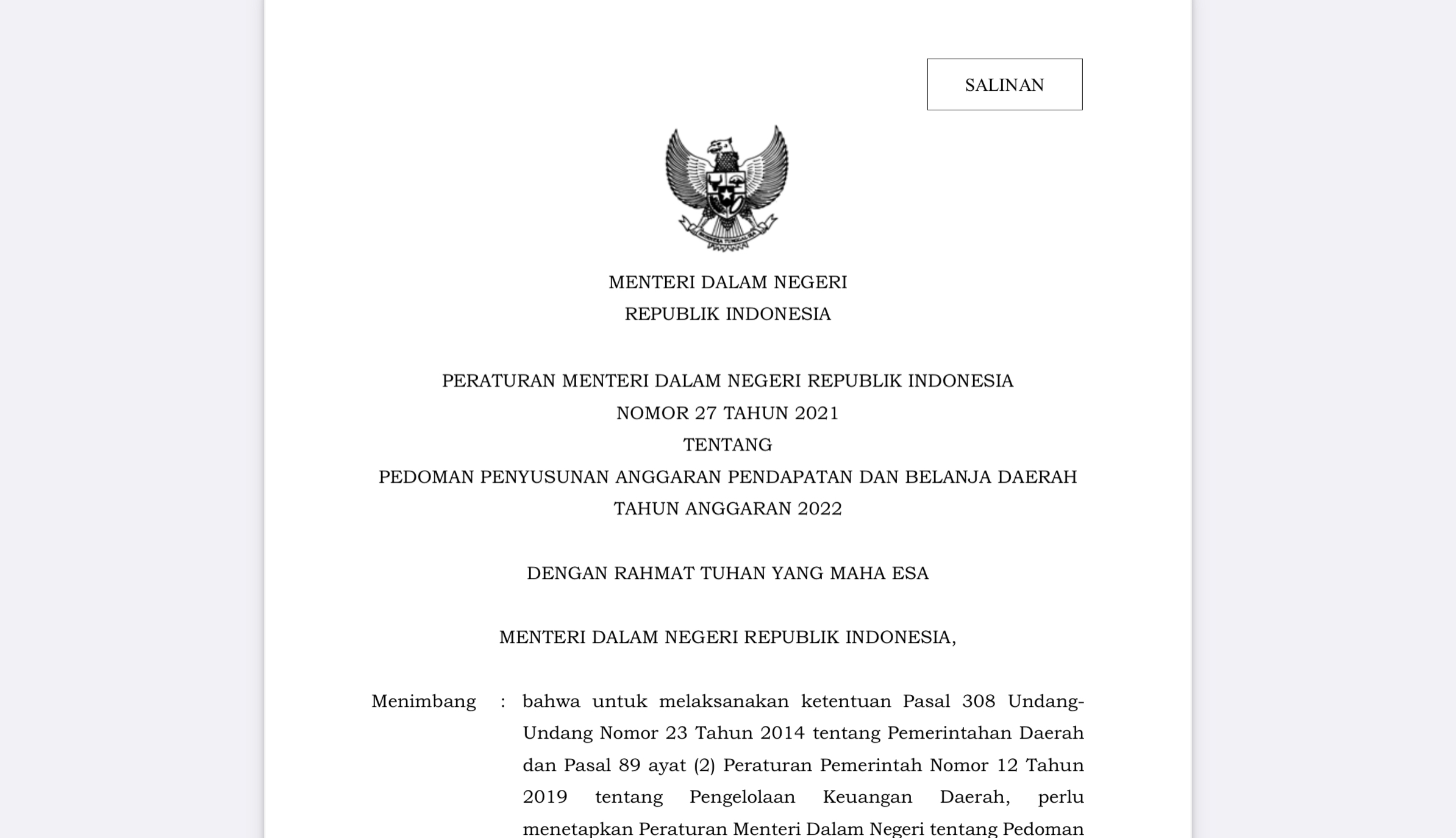 Permendagri 27 Tahun 2021 Tentang Pedoman Penyusunan Anggaran ...